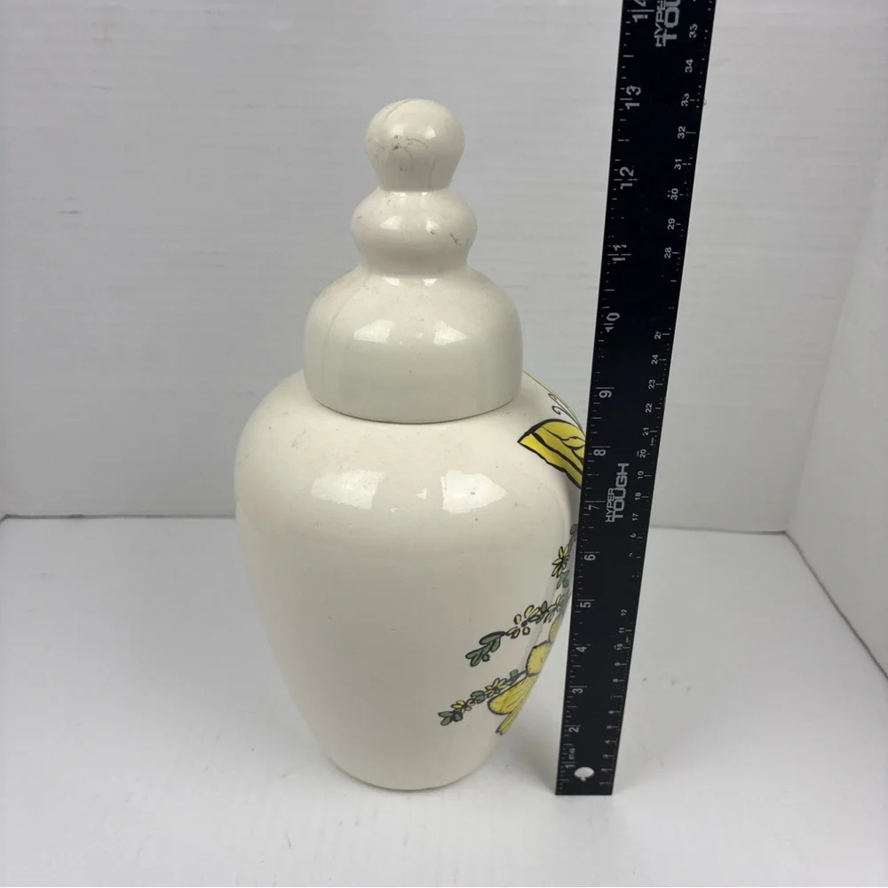 Butterflly Sunflower Ceramic Urn Vase with Lid Off White Yellow Whimsy Crafty